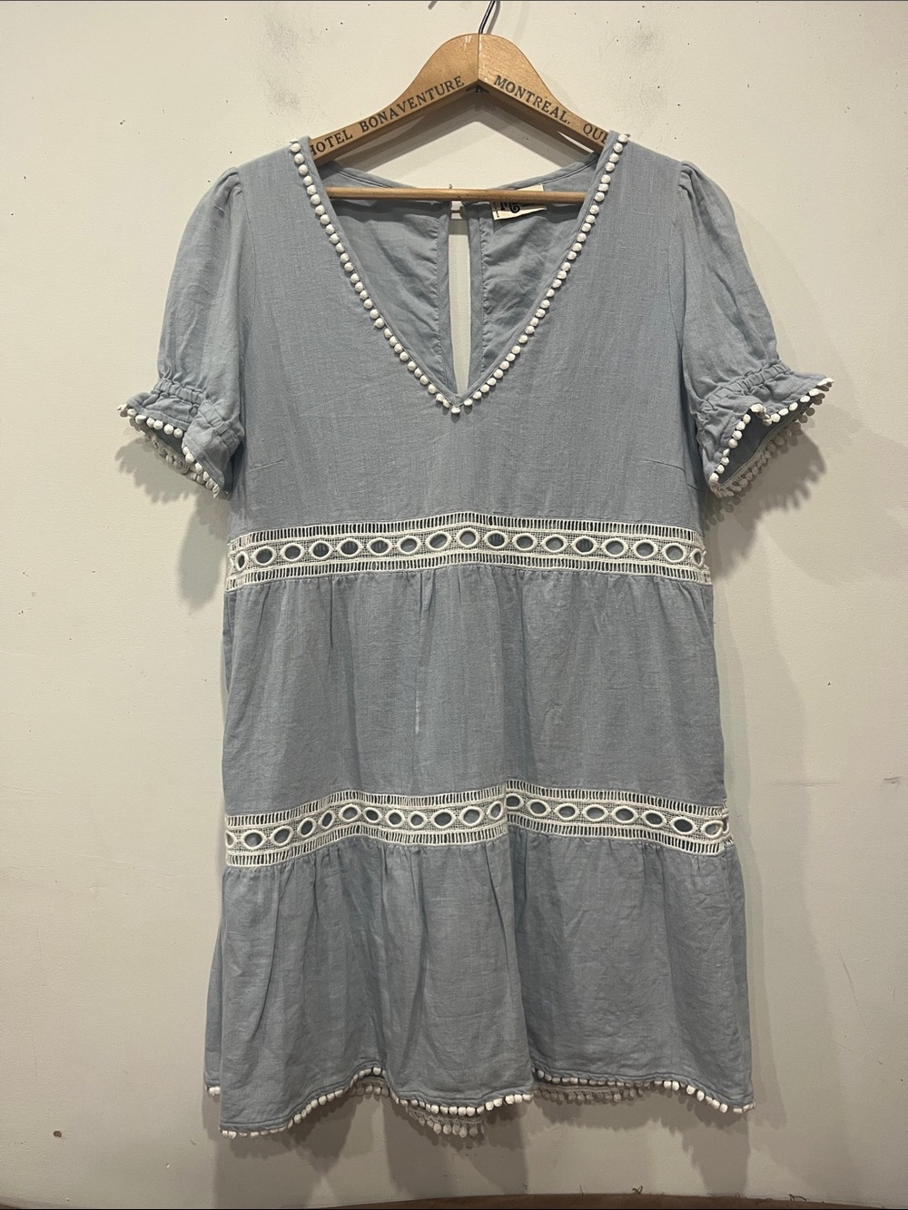 Show me your MuMu Hera Mini Light Blue Pom-Pom Trim V-Neck Mini Dress size S